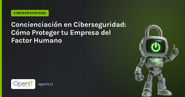 Tarjeta de OpenIT con el título «Concienciación en Ciberseguridad: Cómo Proteger tu Empresa del Factor Humano» y el robot CiberIT