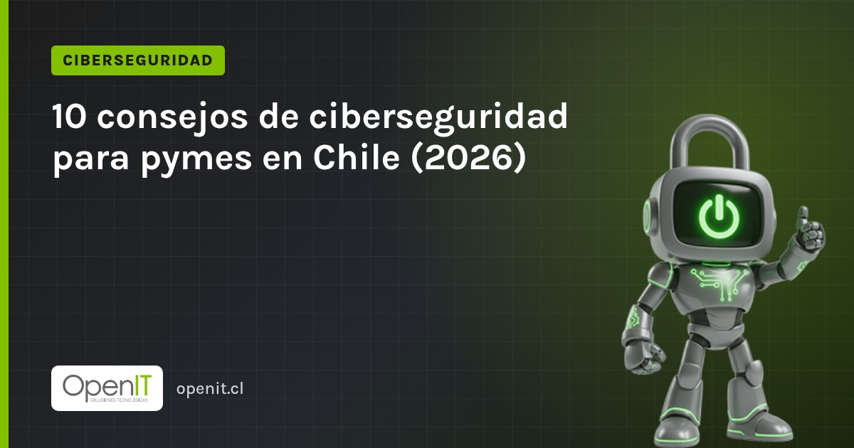 Tarjeta de OpenIT con el título «10 consejos de ciberseguridad para pymes en Chile (2026)» y el robot CiberIT