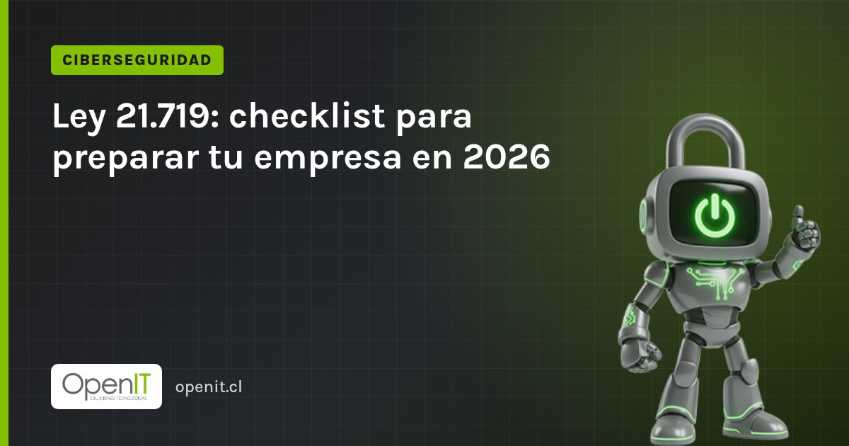 Tarjeta de OpenIT con el título «Ley 21.719: checklist para preparar tu empresa en 2026» y el robot CiberIT