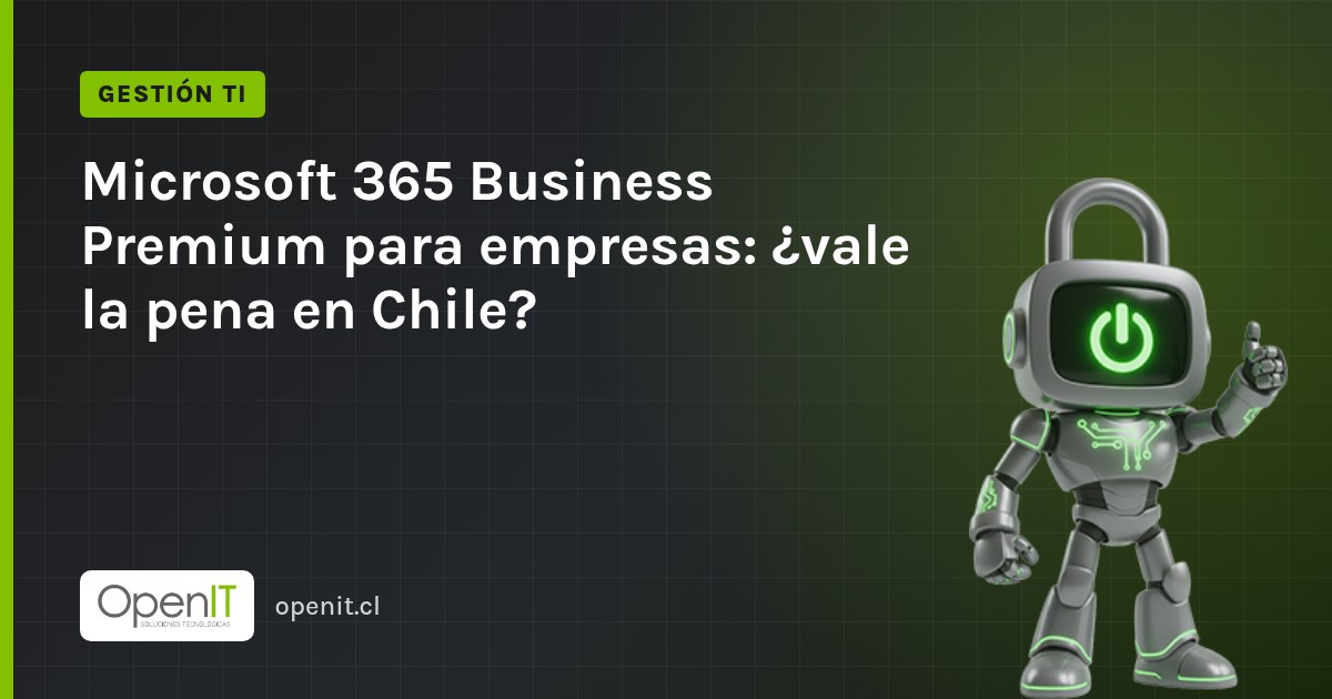 Tarjeta de OpenIT con el título «Microsoft 365 Business Premium para empresas: ¿vale la pena en Chile?» y el robot CiberIT