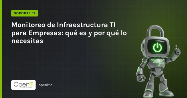 Tarjeta de OpenIT con el título «Monitoreo de Infraestructura TI para Empresas: qué es y por qué lo necesitas» y el robot CiberIT