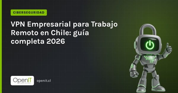 Tarjeta de OpenIT con el título «VPN Empresarial para Trabajo Remoto en Chile: guía completa 2026» y el robot CiberIT