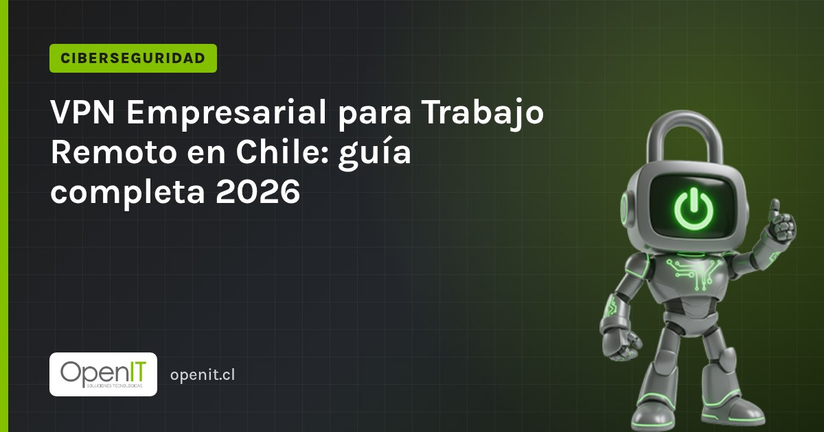 Tarjeta de OpenIT con el título «VPN Empresarial para Trabajo Remoto en Chile: guía completa 2026» y el robot CiberIT